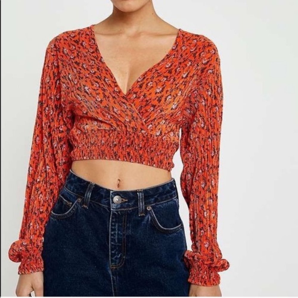 Urban Outfitters Orange Floral Plisse Wrap Top